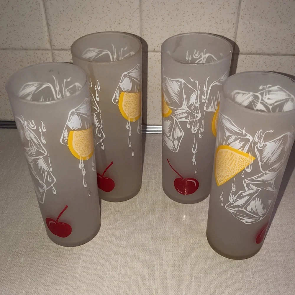 VINTAGE TOM COLLINS FROSTED SLIM TALL LEMON & CHERRY SET‎ OF 4 GLASSES